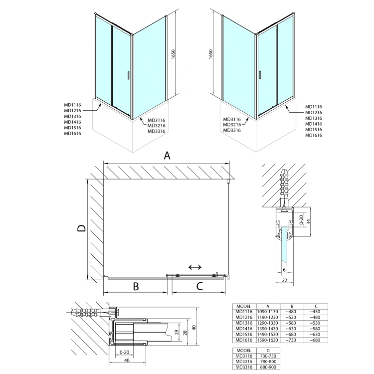 Rysunek techniczny - DEEP ścianka boczna 800x1650mm, szkło czyste #2