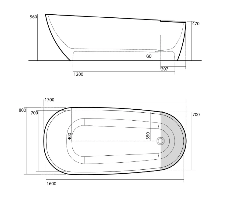 Rysunek techniczny - AQUATECH wanna 170x70cm, biały