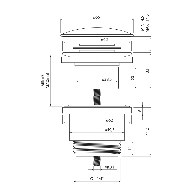 Rysunek techniczny - Korek umywalkowy 5/4“, klik- klak, duży grzybek, 5-46mm, ABS/chrom
