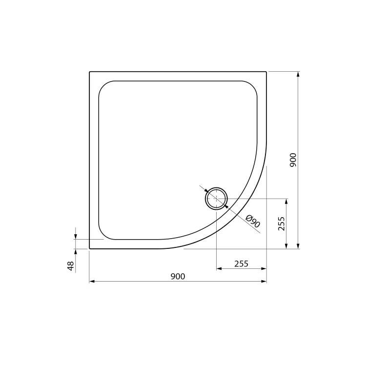 Rysunek techniczny - ELZA brodzik prysznicowy kompozitowy, ćwierćokrągły 90x90cm, R550, biały