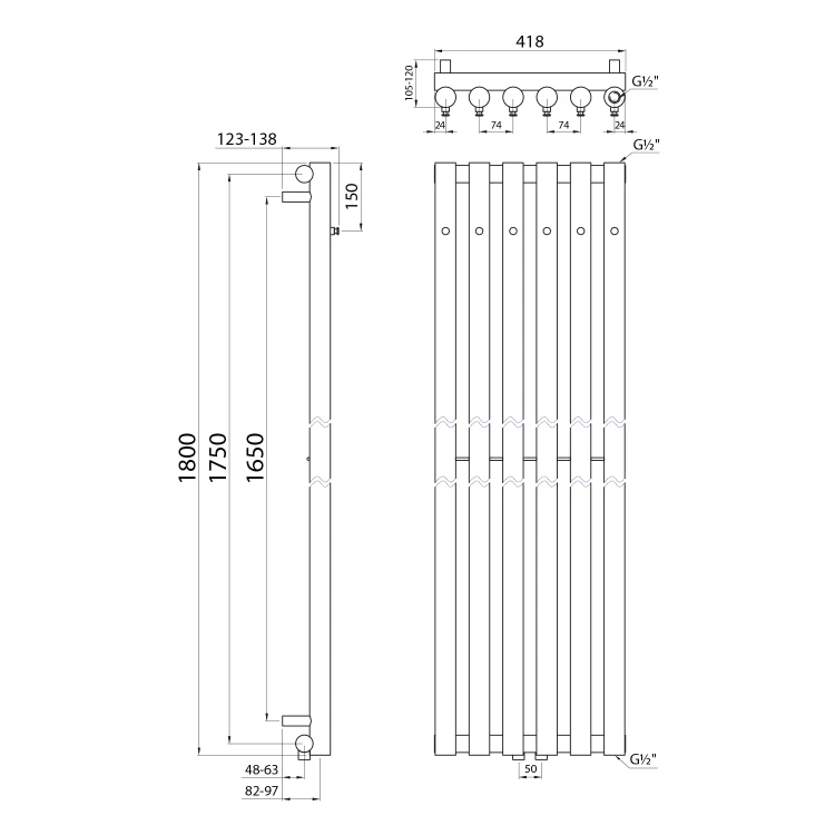 Rysunek techniczny - PILON grzejnik łazienkowy 418x1800mm, 6 wieszaki, czarny mat