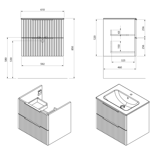 Rysunek techniczny - CIRASA STRIP szafka pod umywalkę 59,2x52x46cm, dąb Alabama