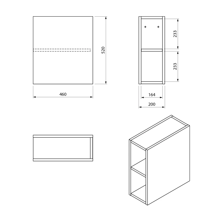 Rysunek techniczny - CIRASA szafka wisząca dolna 20x52x46cm, biały połysk