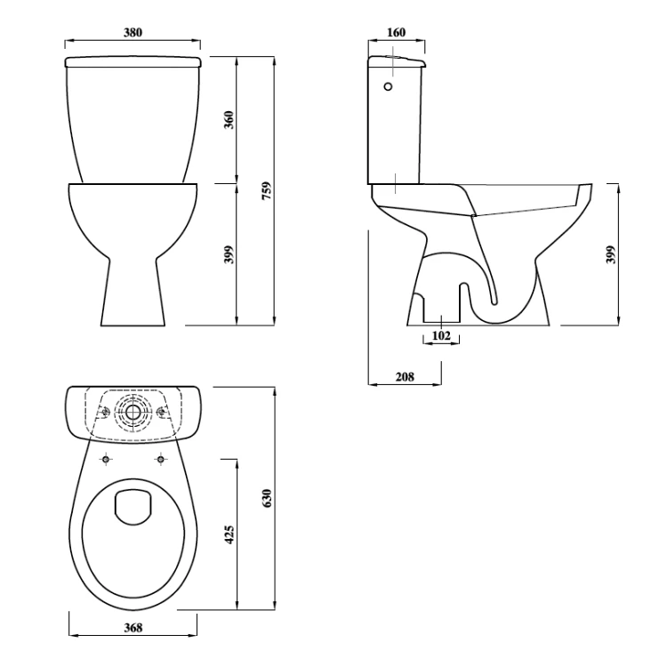Rysunek techniczny - MIGUEL kompakt WC, mechanizm spłukujący, odpływ pionowy, biały