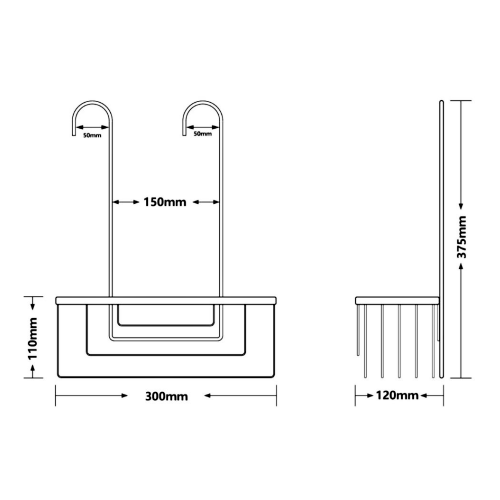 Rysunek techniczny - SMART półka do kabiny prysznicowej, zawieszana na baterii, 300x375x120 mm, gun metal