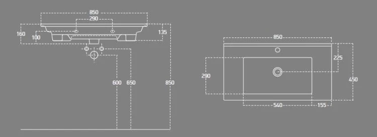 Rysunek techniczny - ZUNO 85 umywalka meblowa 85x45cm, biała