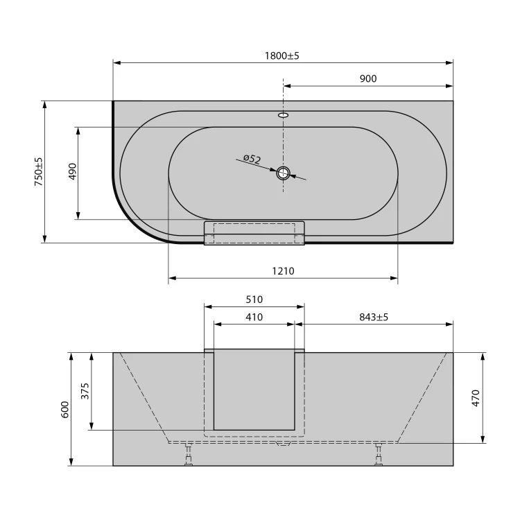 Rysunek techniczny - PORTAS R asymetryczna wanna z drzwiami, 180x75x60cm, biały