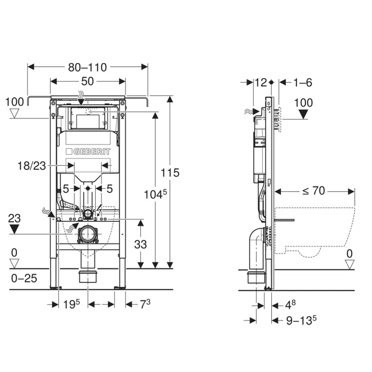 Rysunek techniczny - GEBERIT DUOFIX spłuczka podtynkowa Sigma 12cm, do połączenia ze ścianą boczną