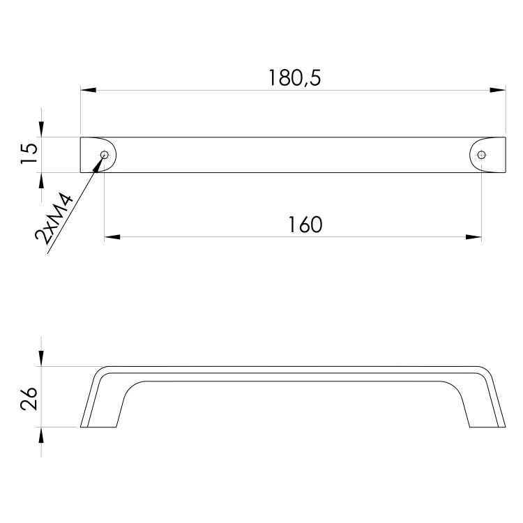 Rysunek techniczny - Uchwyt metalowy, 180,5/160mm, miedź mat