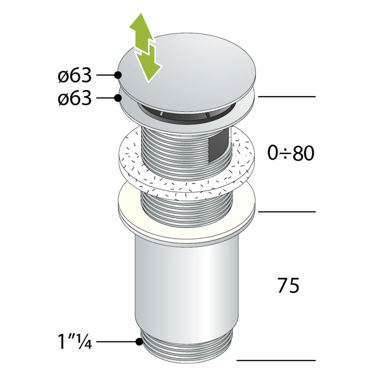 Rysunek techniczny - Korek umywalkowy 5/4“, klik-klak, duży grzybek, max 80mm, chrom