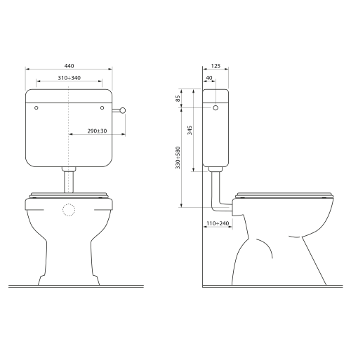Rysunek techniczny - Zbiornik toaletowy z plastikowym przyciskiem DUAL, 4-8 L, biały