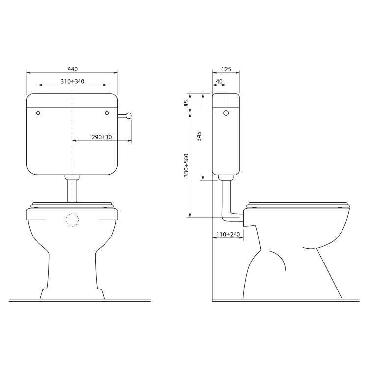 Rysunek techniczny - Zbiornik toaletowy z plastikowym przyciskiem DUAL, 4-8 L, biały
