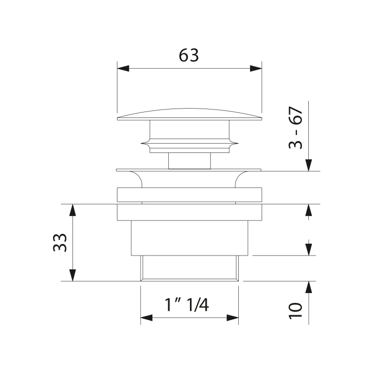 Rysunek techniczny - Odplyw umywalkowy, 5/4'', click-clack, korek ceramiczny, 5-65mm, czarny mat