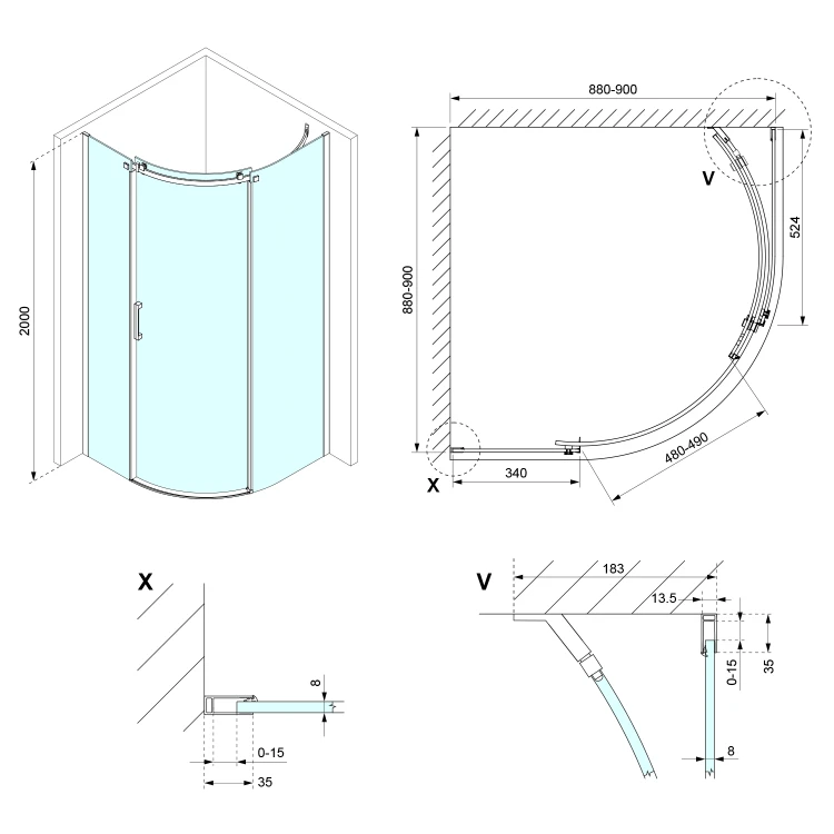 Rysunek techniczny - THRON ROUND kabina prysznicowa półokrągła 900x900mm, szkło czyste, prawy