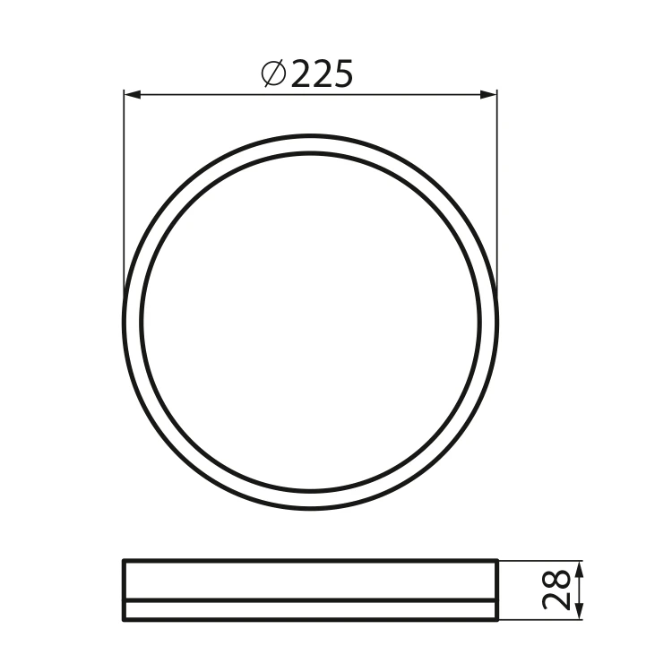 Rysunek techniczny - AZPO lampa sufitowa LED, średnica 225mm, 11,8W, 3000/4000/6000K, IP54, biały