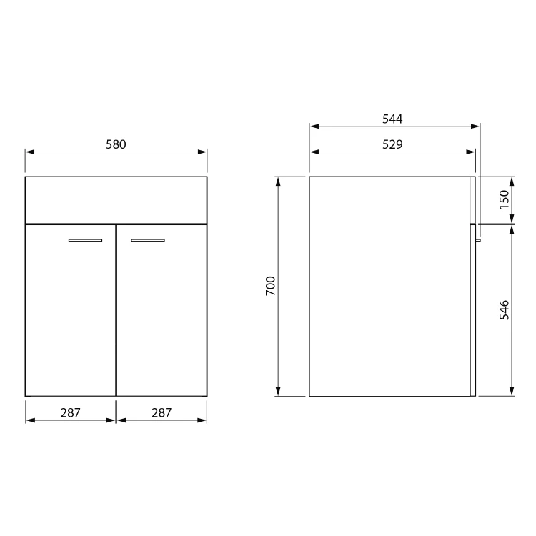 Rysunek techniczny - Szafka pod zlew gospodarczy 58x70x52,8cm, biały