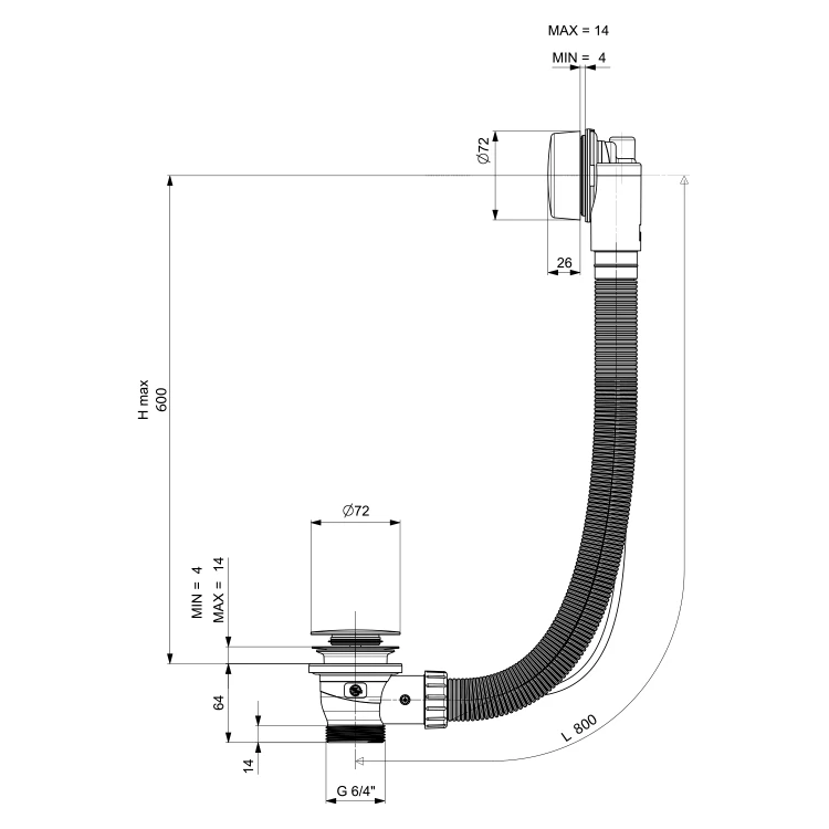 Rysunek techniczny - MARBLE zestaw odpływowy automatyczny, długość 800mm, miedź mat