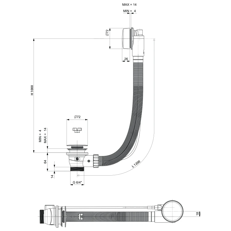 Rysunek techniczny - Zestaw wannowy, mechanizmem bovdena, długość 1200mm, korek 72mm, złoto