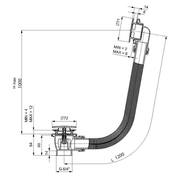 Rysunek techniczny - Zestaw wannowy bez napływu, system „click-clack”, długość 1200mm, korek 72mm, miedź mat