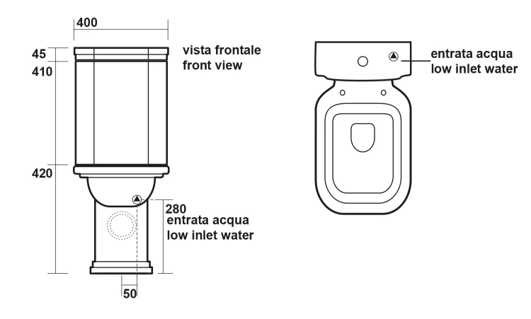 Rysunek techniczny - WALDORF kompakt WC 40x68cm, odpływ pionowy/poziomy, biały