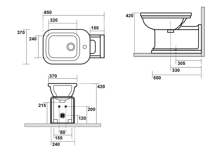 Rysunek techniczny - WALDORF bidet 37x65cm, biały