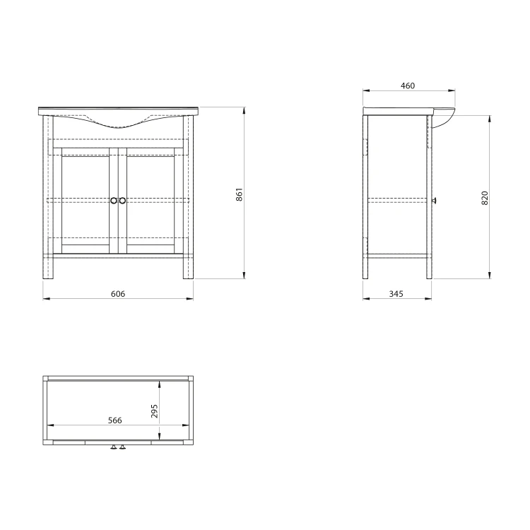 Rysunek techniczny - AMBRA szafka pod umywalkę 60,6x82x34,5cm, świerk bejcowany