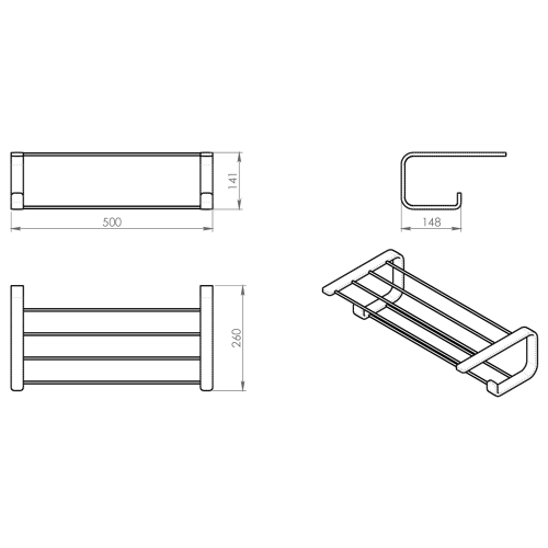 Rysunek techniczny - OUTLINE półka na ręczniki z relingiem, czarny mat