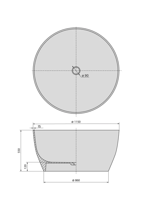 Rysunek techniczny - AVELOR wanna wolnostojąca, kompozyt, ø115x55cm, biały mat