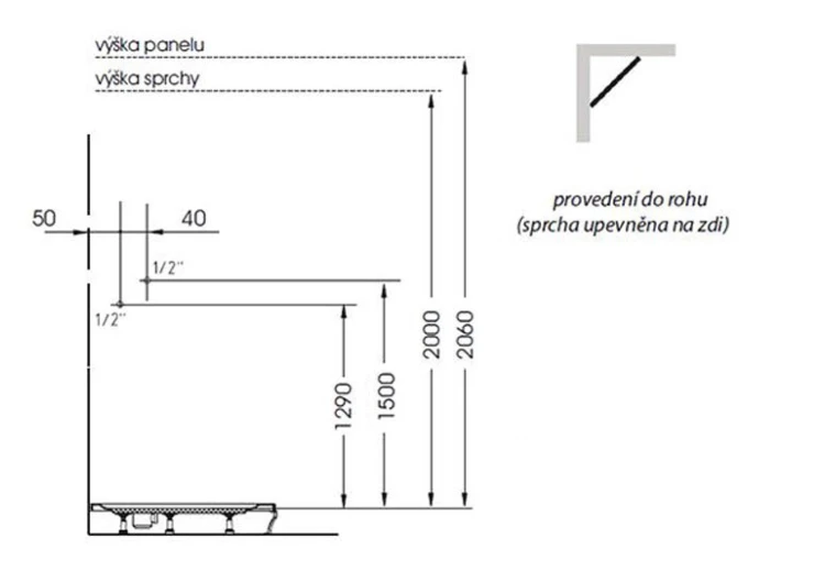Rysunek techniczny - MOLA panel prysznicowy narożny z baterią termostatyczną 210x1300mm, biały