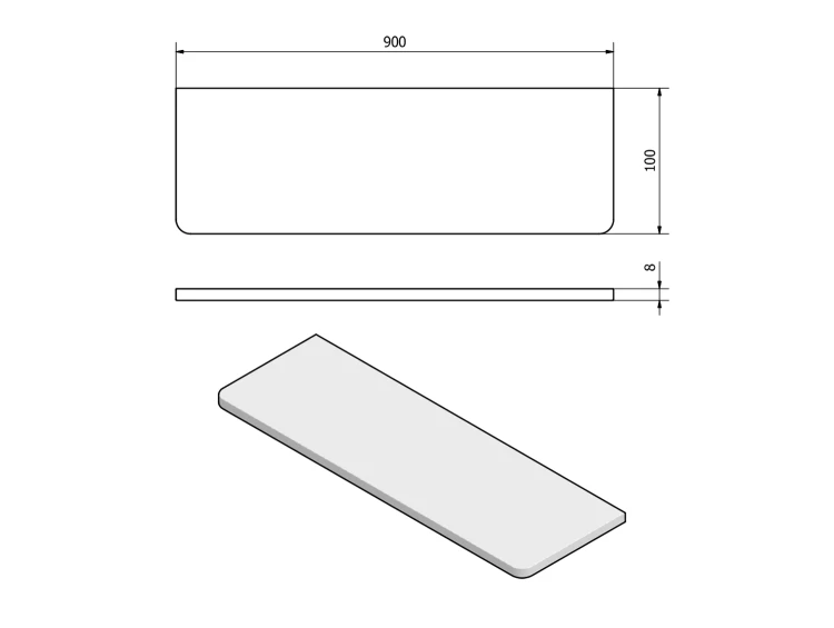 Rysunek techniczny - Półka 900x100x8mm, szkło mleczne