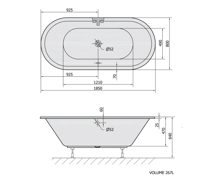 Rysunek techniczny - VIVA O 185 wanna owalna 185x80x47cm, biały