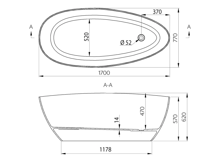 Rysunek techniczny - ELIPSIE wanna 1700x770x620mm, kompozyt, objętość 330l, biały połysk