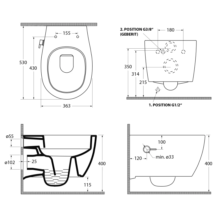 Rysunek techniczny - SENTIMENTI CLEANWASH WC wiszące, z dyszą bidetową i zaworem, Rimless, 36x53cm, biały