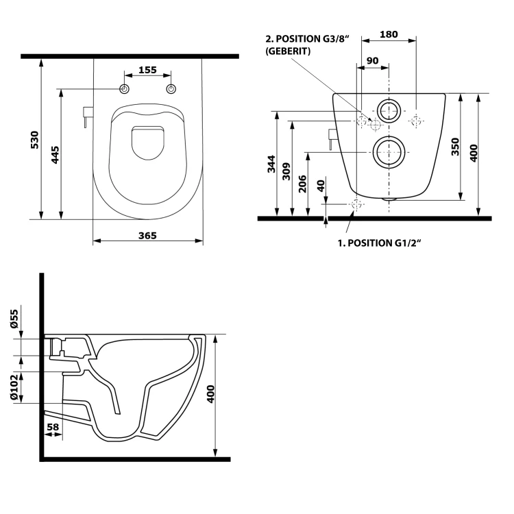 Rysunek techniczny - INFINITY CLEANWASH WC wiszące, z dyszą bidetową i zaworem, Rimless, 36,5x53cm, biały