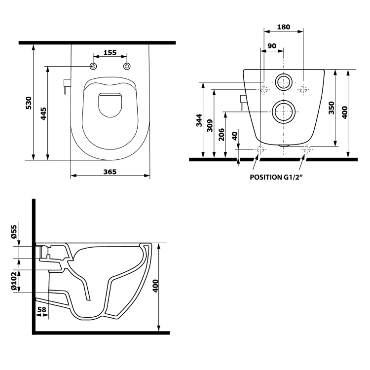 Rysunek techniczny - INFINITY CLEANWASH WC wiszące, z dyszą bidetową i zintegrowaną baterią, Rimless, 36,5x53 cm, biały