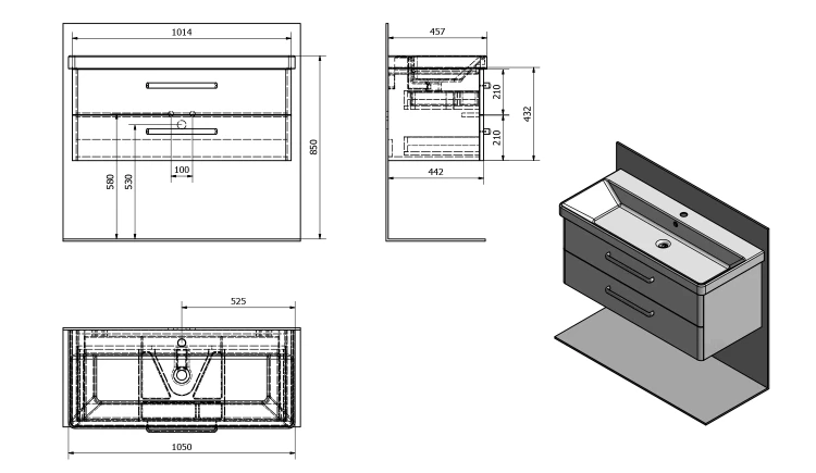Rysunek techniczny - THEIA szafka umywalkowa 101,4x43,5x44,2cm, 2 szuflady, biała