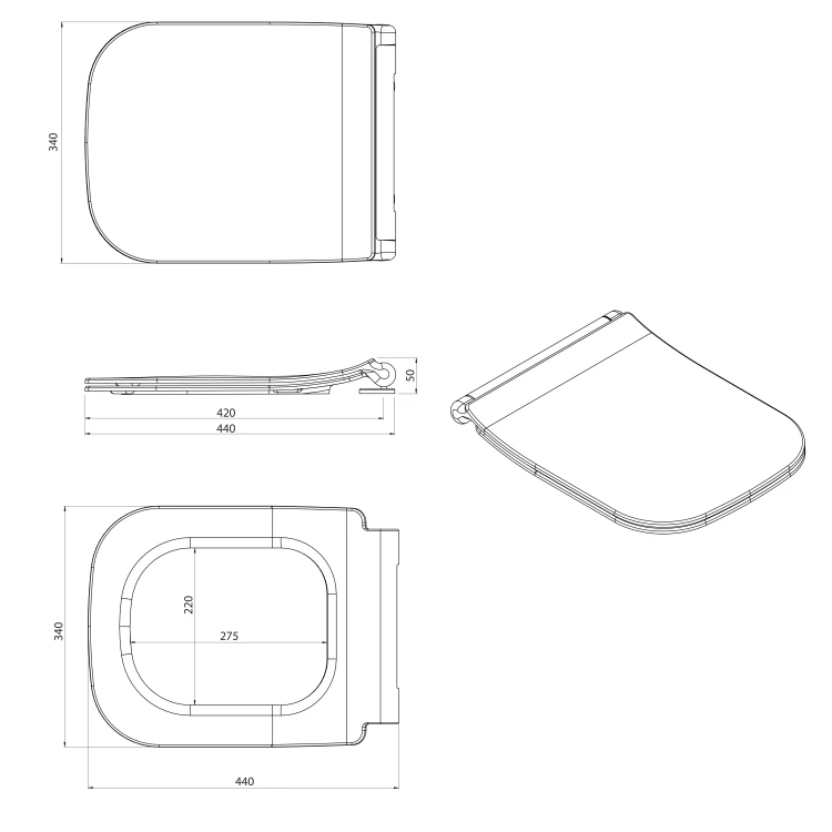 Rysunek techniczny - VEA deska WC, Slim, Soft Close, Easy Take, biały