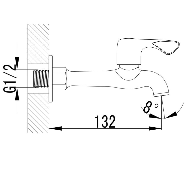 Rysunek techniczny - Zawór kulowy ścienny 1/2", długi, chrom