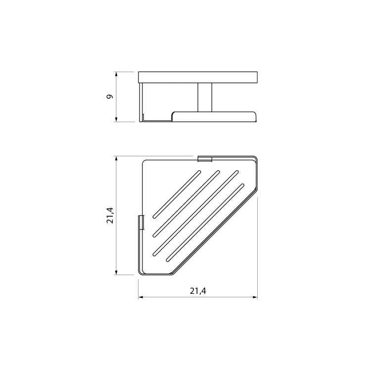 Rysunek techniczny - MYLINE półka narożna do kabiny prysznicowej, 214x90x214mm, stal nierdzewna połysk