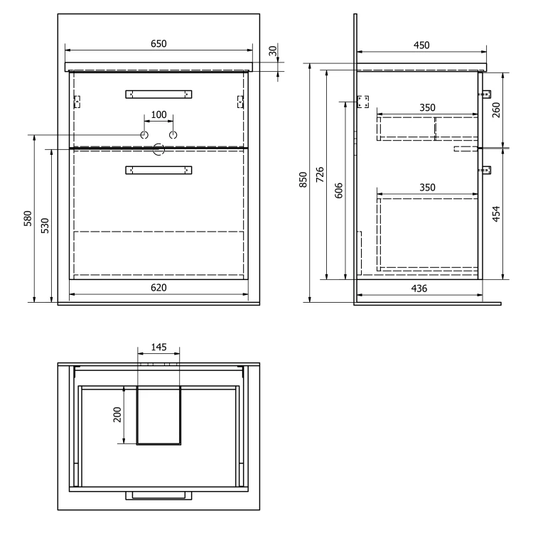 Rysunek techniczny - VEGA szafka umywalkowa 62x72,6x43,6cm, 2 szuflady, biała #2