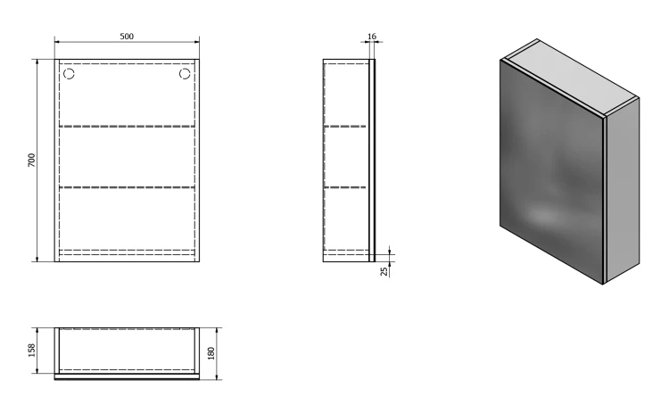 Rysunek techniczny - VEGA szafka z lustrem, 50x70x18cm, biała