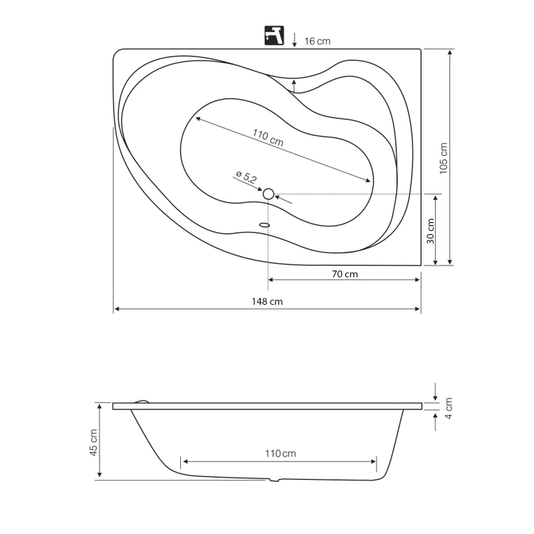 Rysunek techniczny - CIDLINA 150 wanna 150x105x45cm, prawa, biały