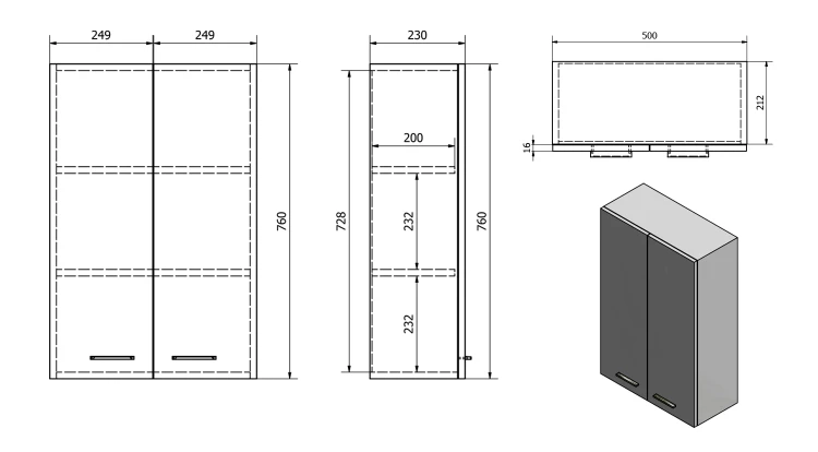 Rysunek techniczny - ZOJA/KERAMIA FRESH szafka wisząca 50x76x23cm, dąb platin