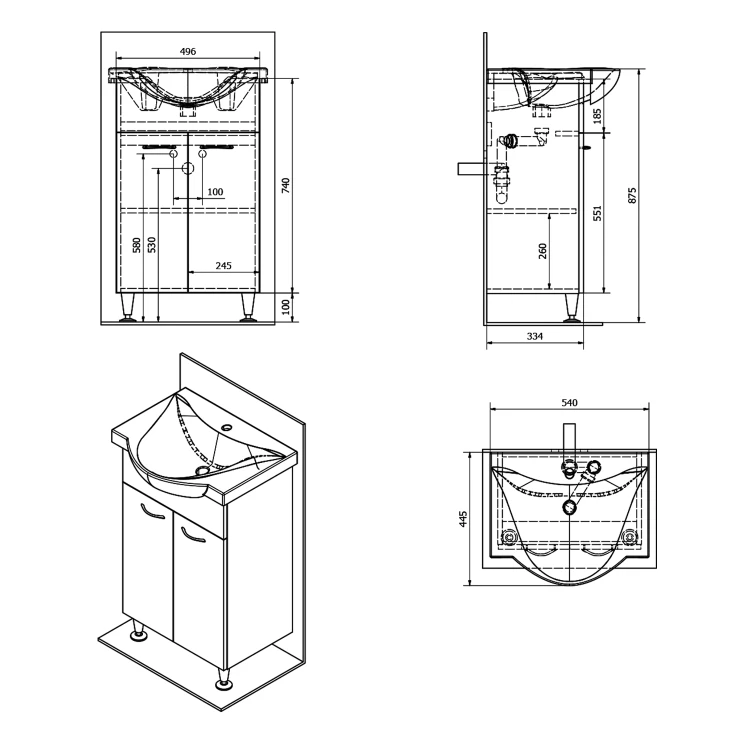 Rysunek techniczny - KERAMIA FRESH szafka umywalkowa 51,1x74x34cm, dąb platin
