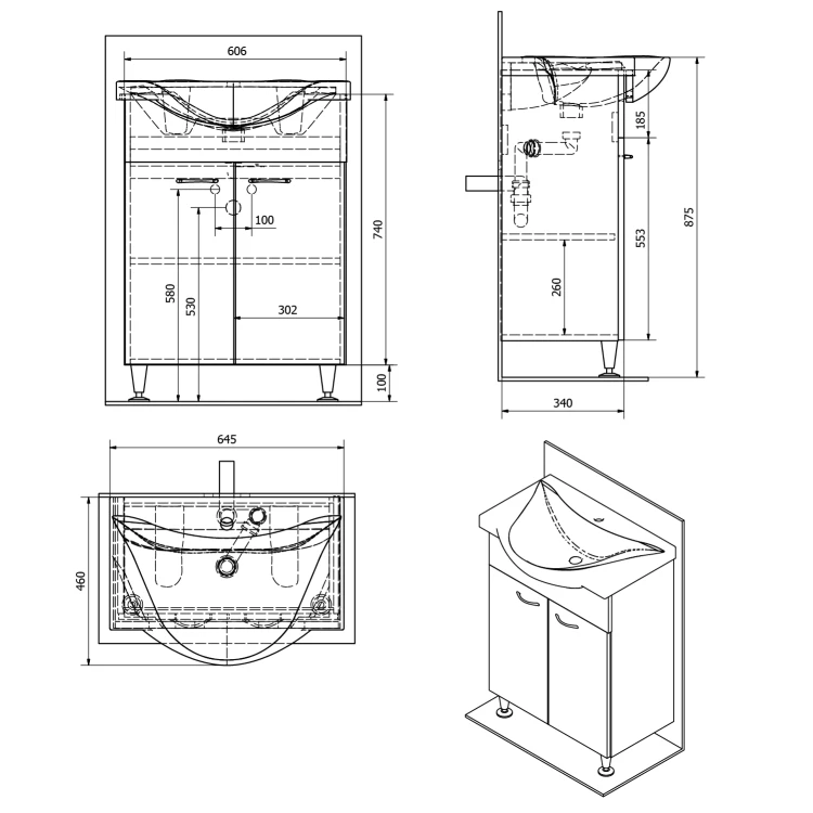 Rysunek techniczny - KERAMIA FRESH szafka umywalkowa 60,6x74x34cm, dub platin