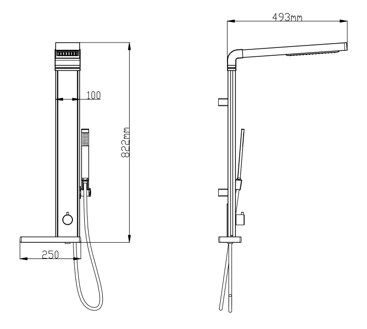 Rysunek techniczny - ROME zestaw prysznicowy z podłączeniem do baterii, wysokość 822cm, chrom
