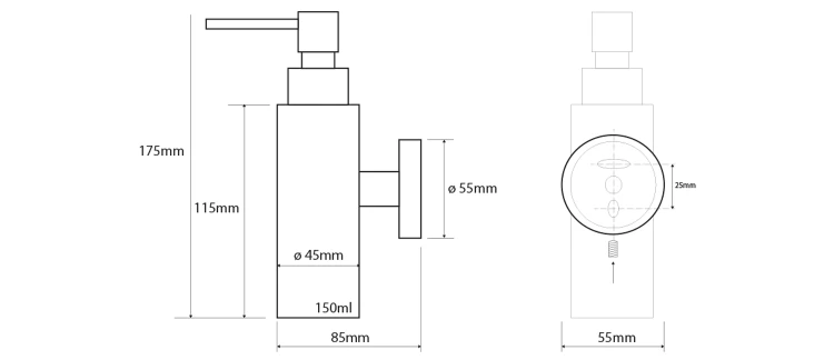Rysunek techniczny - X-STEEL dozownik mydła 150ml, stal nierdzewna mat