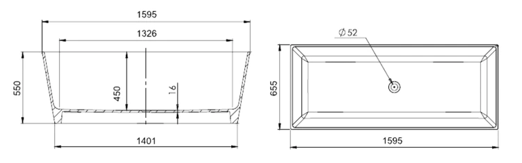 Rysunek techniczny - KVADRIE wanna kompozytowa 1590x650x550mm, objętość 360l, biały połysk