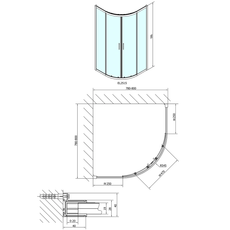 Rysunek techniczny - EASY kabina prysznicowa półokrągła 800x800mm, L/R, szkło czyste