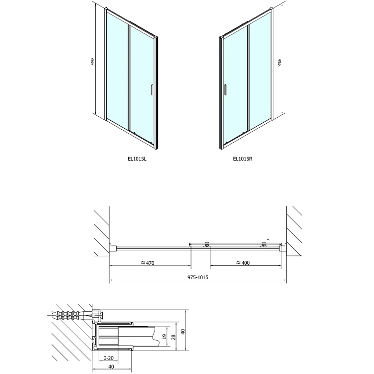 Rysunek techniczny - EASY drzwi prysznicowe 1000mm, szkło czyste